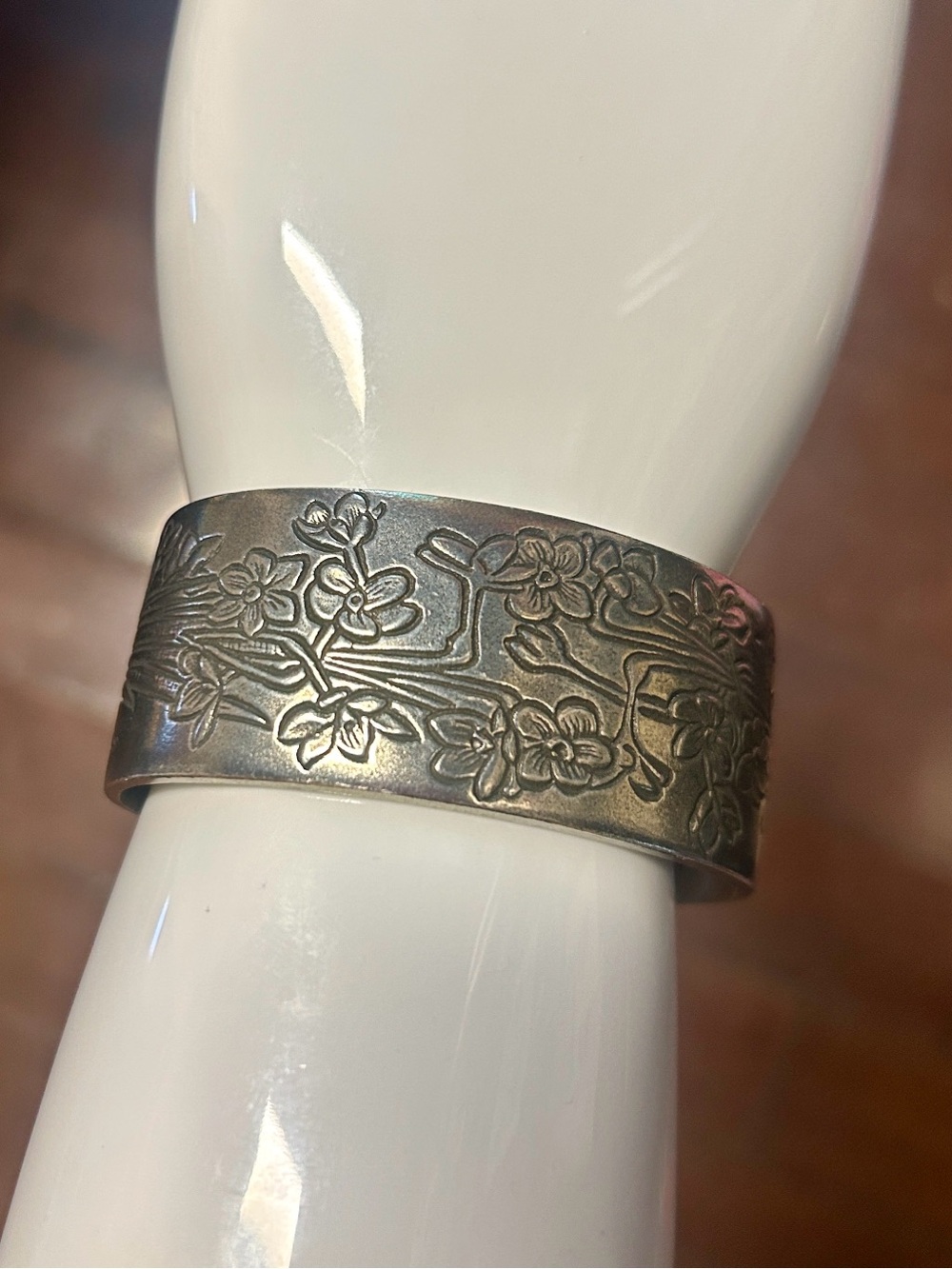 Floral Engraved Pewter Signed Wide Cuff Bracelet